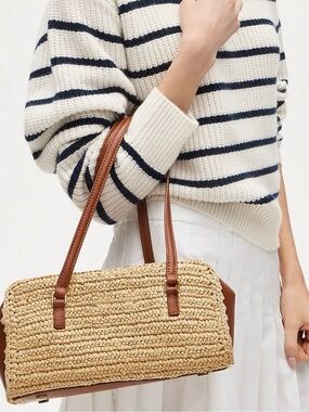 NWT J crew Delphine hand-knotted straw bag with Leather Trim